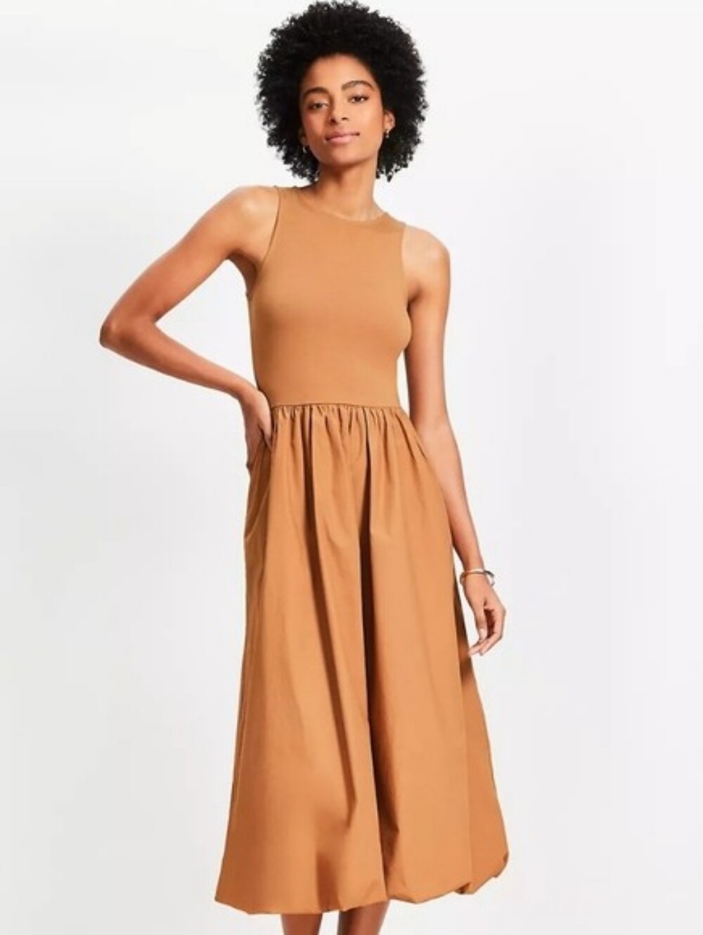 LOFT Women's Poplin Bubble Mixed Media Camel Tan Sleeveless Maxi Dress Size 6P